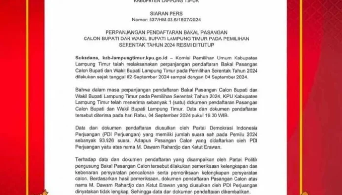 KPU Lamtim Tutup Pendaftaran, Hanya Terdapat Calon Tunggal Yang Dinyatakan Lengkap